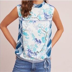 Anthropologie Tiny Evelyn Blue White Watercolor Floral Stripe Sleeveless Top XS